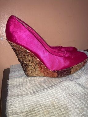 Y2K Privileged Hot Pink Satin Wedge Heels with Beaded Metallic Wedge